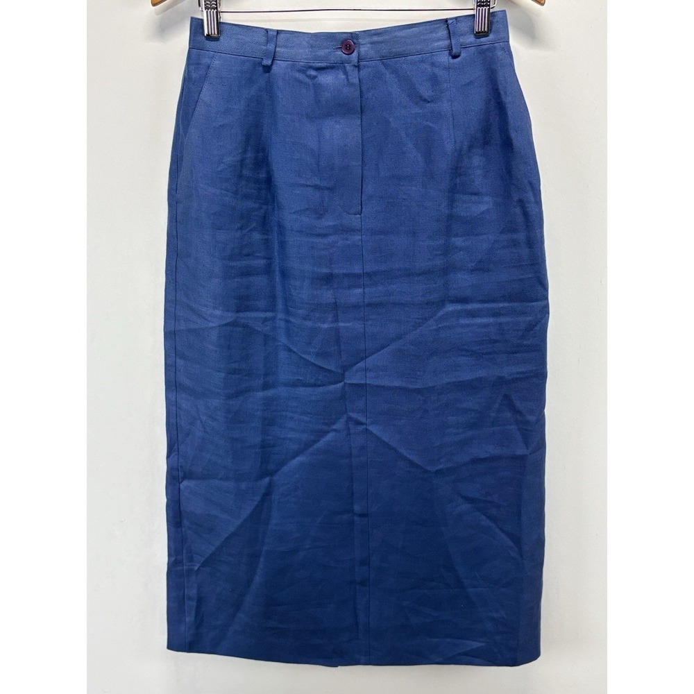 Vtg Talbots 100% Irish Linen Midi Skirt Womens 12 Blue Lined Pockets 90s Coastal